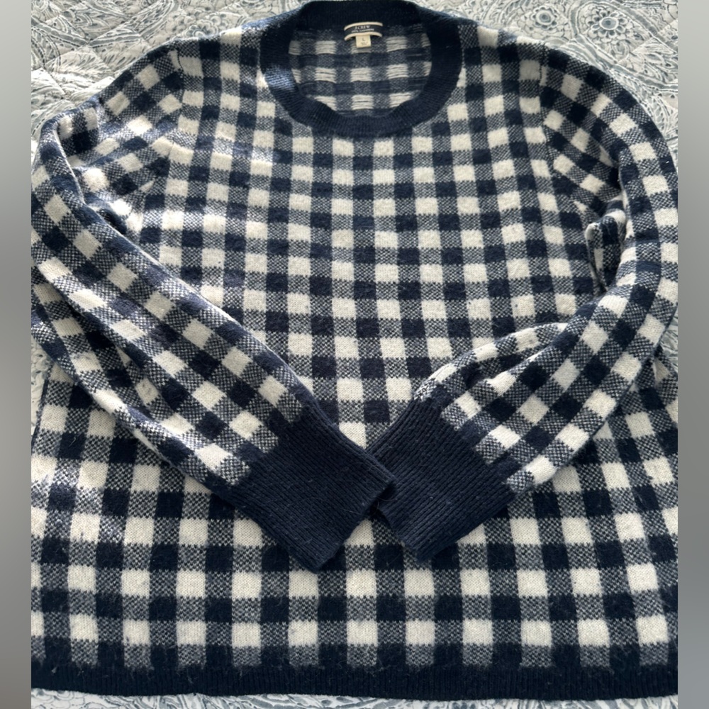 J. Crew Navy and White Plaid Crewneck Sweater